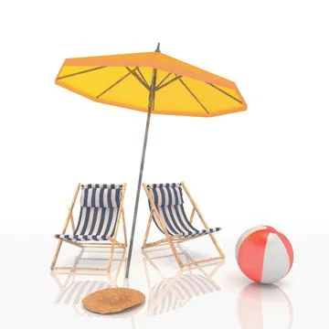 3d render of two deck chairs, a parasol and a beach ball Stock Illustration