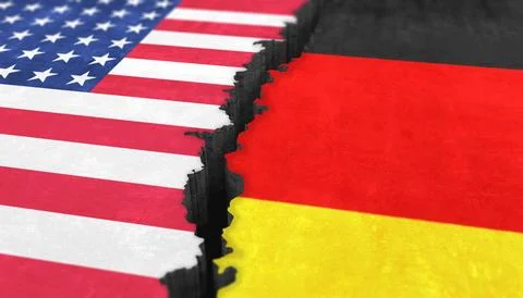 3d render of two divided surfaces with the national flags of USA and Germany. Illustrazione stock