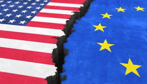 3d render of two divided surfaces with the national flags. Illustrazione stock