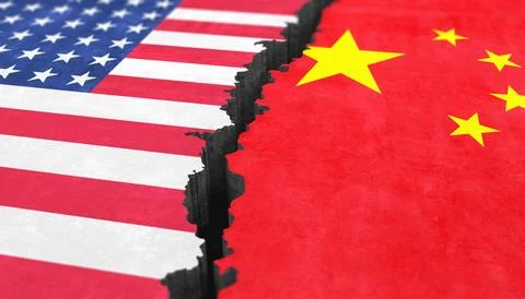 3d render of two divided surfaces with national flags of the USA and China. Illustrazione stock