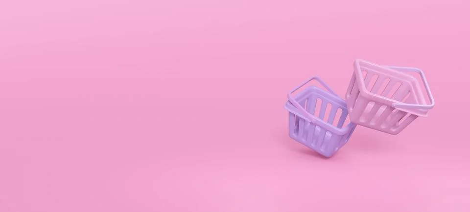3d render. Two empty shopping basket supermarket on a pink background. 3D r.. 스톡 일러스트