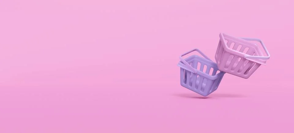 3d render. Two empty shopping basket supermarket on a pink background. 3D r.. 스톡 일러스트