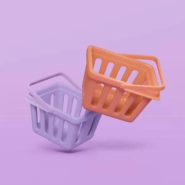 3d render. Two empty shopping basket supermarket on a purple background. 3D.. Stock Illustration