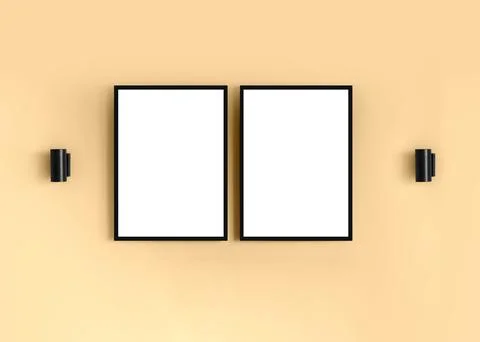 3d render of two frames with blank white isolated posters on the yellow wall Stock-Illustration