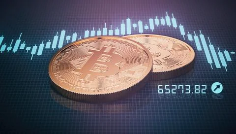 3d render of two golden bitcoin on trading chart background Stock Illustration