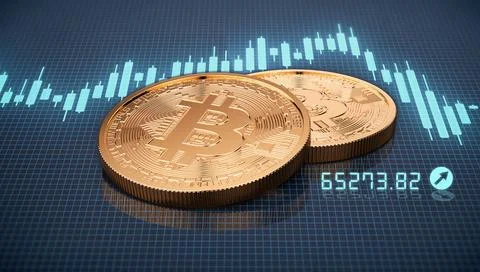 3d render of two golden bitcoin on trading chart background 스톡 일러스트