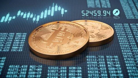 3d render of two golden bitcoin on trading chart background 스톡 일러스트