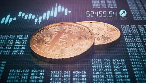3d render of two golden bitcoin on trading chart background Stock Illustration