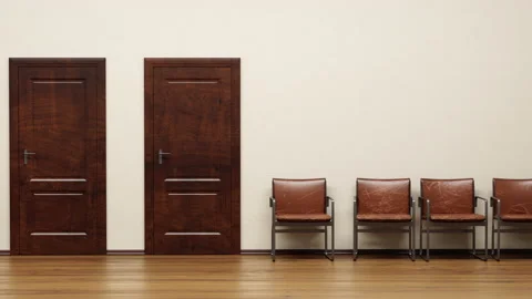 3d render of two offices with a hallway and chairs for waiting. Stock Footage 151196777