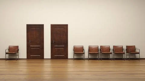 3d render of two offices with a hallway and chairs for waiting. Stock Illustration