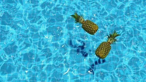 3d render two pineapples floating in a pool in summer, top view Stock Illustration