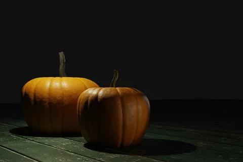 3d render of two ppumpkins on wood table in dark room Illustrazione stock