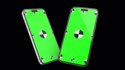 3D render of two smartphone with a green background. Rotating in screen. Green Stock Illustration
