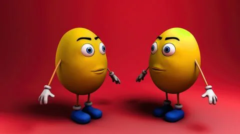 3d render two yellow cartoon character easter egg rabbit on red background Illustrazione stock