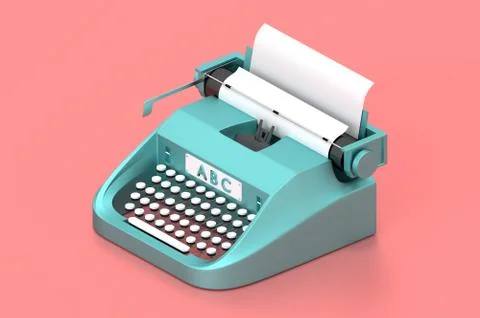 3d render typewriter with paper for writing books. Illustrazione stock