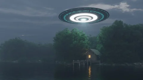 3d render of a UFO above a lake house Stock Footage 111189232