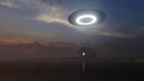 3d render of a UFO above a lake house Stock Footage 111189235