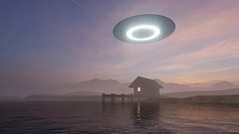 3d render of a UFO above a lake house Stock Footage 111189239