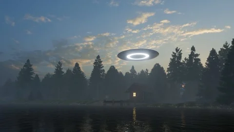 3d render of a UFO above a lake house Stock Footage 111189317