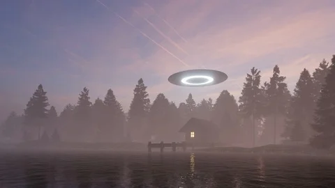 3d render of a UFO above a lake house Stock Footage 111189319