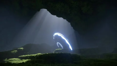 3d render. UFO in an ancient huge cave in the rays of light. Stock Footage 197553729