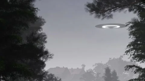 3d-render. UFO flies over houses and trees from right to left. Stock Footage 236225990