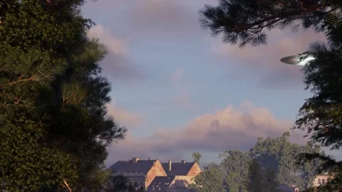 3d-render. UFO flies over houses and trees from right to left. Stock Footage 236226013