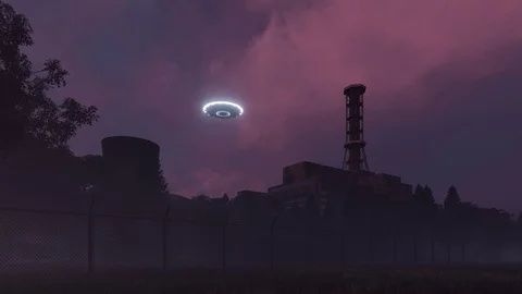 3d render UFO hovering over old soviet nuclear power plant Stock Footage 104572637