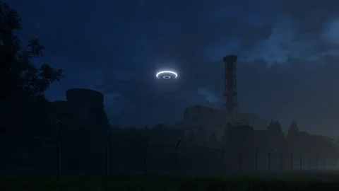3d render UFO hovering over old soviet nuclear power plant Stock Footage 104572638