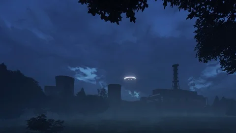 3d render UFO hovering over old soviet nuclear power plant Stock Footage 104572644