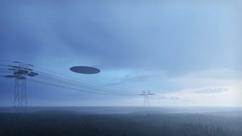 3d render. UFO over the field and high-voltage towers of power lines Stock Footage 111709802