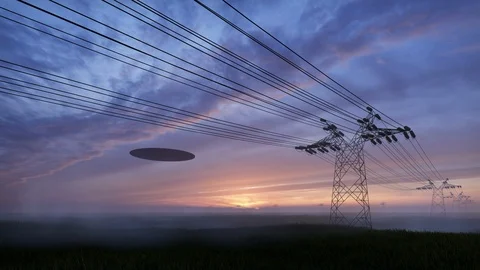 3d render. UFO over the field and high-voltage towers of power lines Stock Footage 111709806