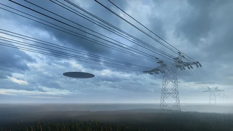 3d render. UFO over the field and high-voltage towers of power lines Stock Footage 111709810