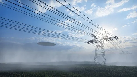 3d render. UFO over the field and high-voltage towers of power lines Stock Footage 111709811