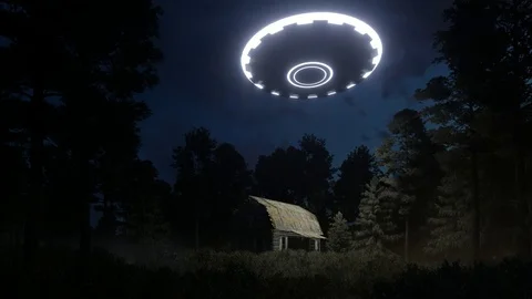 3d render UFO over the hut in the forest Stock Footage 85312147