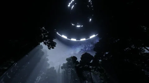 3d-render. UFO in the sky at night over the forest Stock Footage 247996511