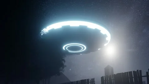 3d render. UFO sprang up in the sky above an old farm Stock Footage 131513992