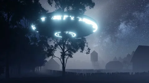 3d render. UFO sprang up in the sky above an old farm Stock Footage 131514055