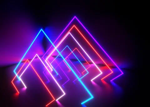 3d render, ultraviolet neon triangular portal, glowing lines, tunnel, corrido Illustrazione stock