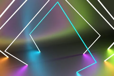 3d render, ultraviolet neon triangular portal, glowing lines, tunnel, corrido Illustrazione stock