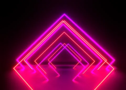 3d render, ultraviolet neon triangular portal, glowing lines, tunnel, corrido Illustrazione stock