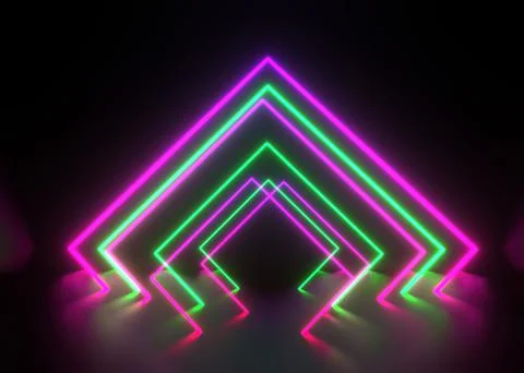 3d render, ultraviolet neon triangular portal, glowing lines, tunnel, corrido Stock Illustration