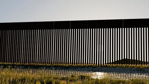 3D Render US Mexico Border Wall in Desert with Grass Field Illustration Foto stock
