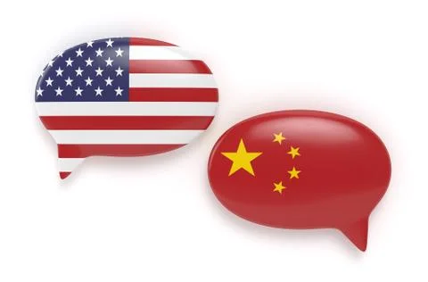 3d render of  USA and China flags on speech bubble Illustrazione stock