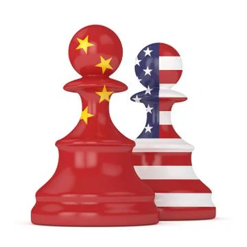 3d render of  USA and China flags on chess pawns soldiers Illustrazione stock