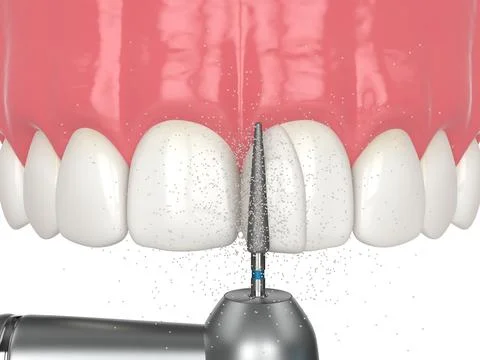 3d render of using a dental drill to shape the tooth and remove excess resin Stock Illustration