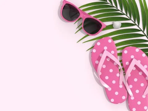 3d render of vacation stuff over pastel pink background Stock Photos
