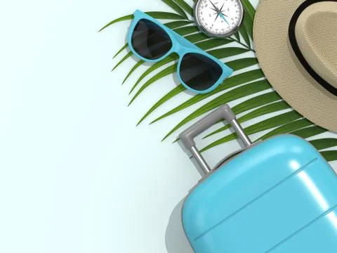 3d render of vacation stuff over pastel blue background Stock Photos