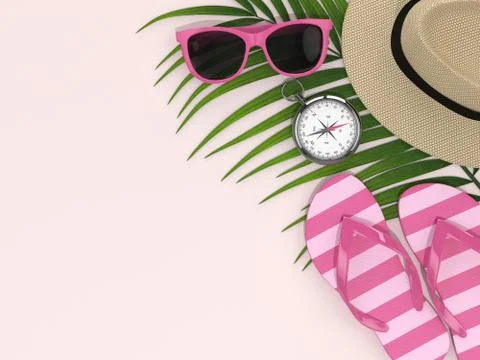 3d render of vacation stuff over pastel pink background Stock Photos