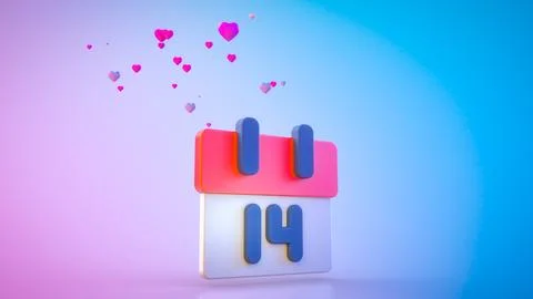 3D Render of Valentine Day Concept 3D Calendar Icon with Heart Shapes Stock Illustration